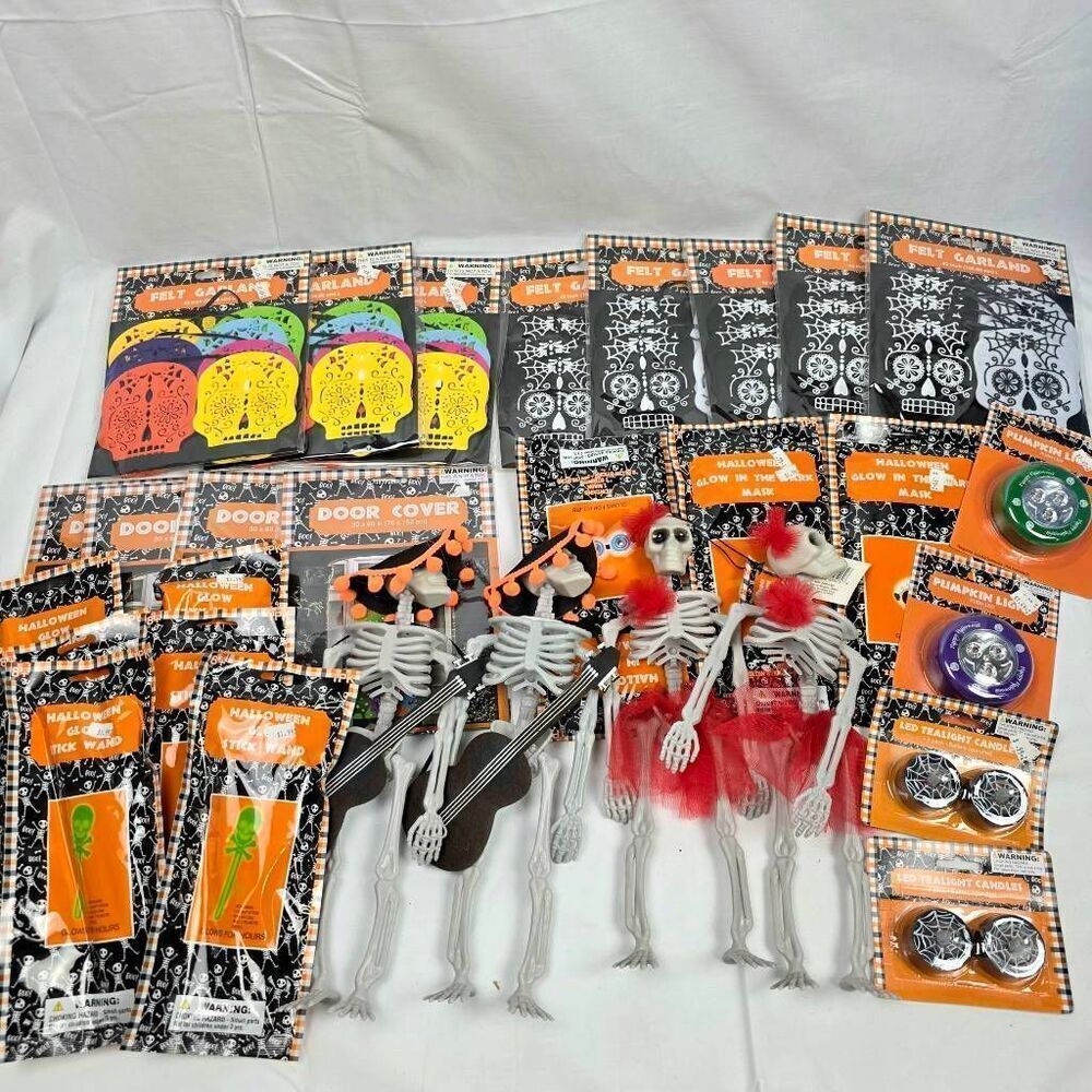 Halloween Party & Decor Lot – Glow Sticks, Skeletons, Garlands, Door Covers, LED